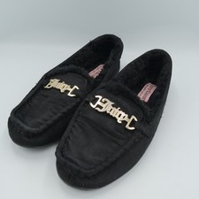 Juicy Couture Intoit Black Faux Fur Lined Moccasin Slippers Gold Logo Womens 8