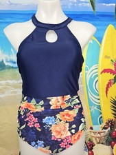 NWT Cupshe Womens One Piece Floral Swimsuit Size Medium Navy Blue
