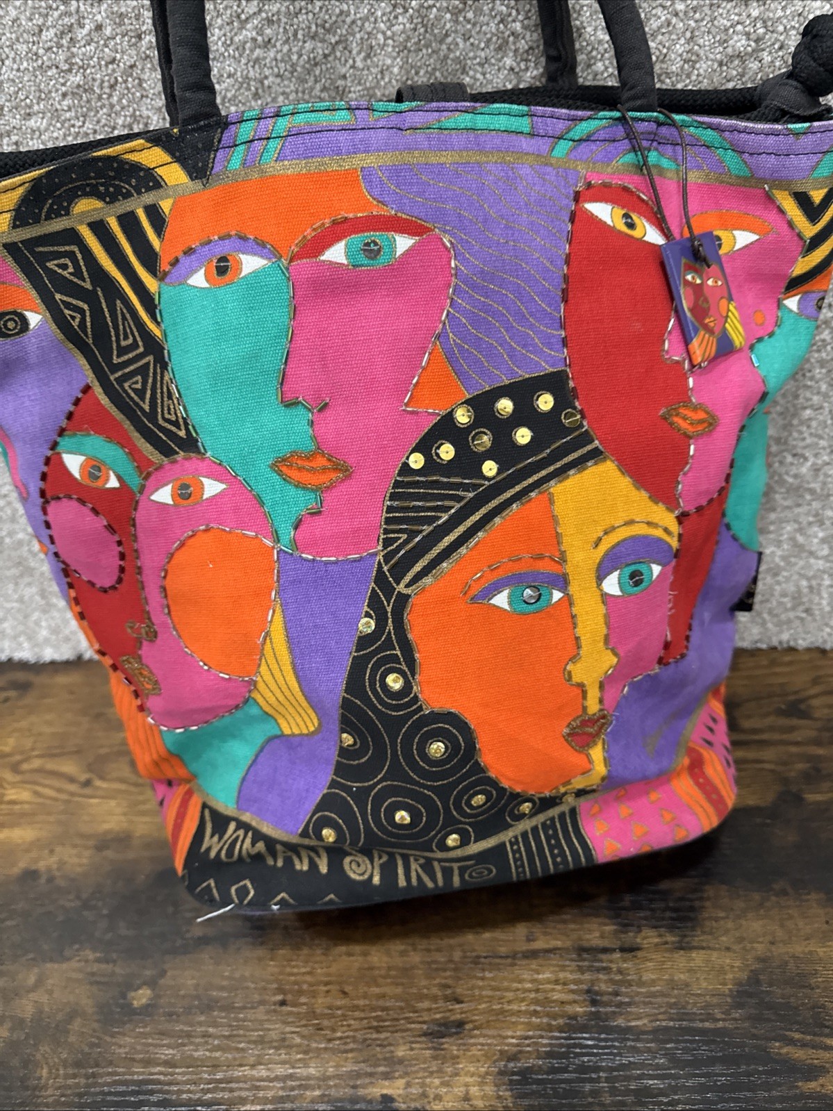 Laurel Burch Sun N Sand Large Tote Hearts Friends People Faces Rope Art Bag