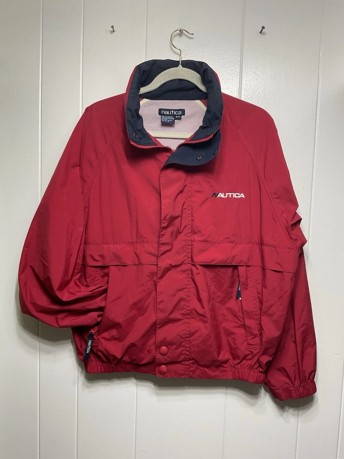 Nautica Men's Red Full-zip Sailing Jacket Medium Packable Hood Vintage 90s