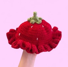 Adult Crochet Strawberry Bucket Hat Handmade One Size Crochet Hat