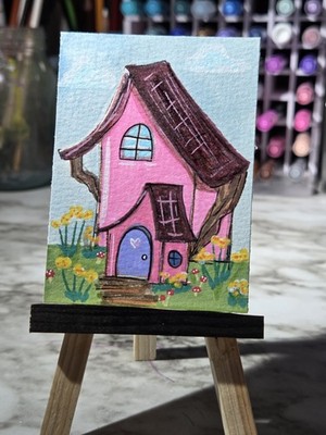 ACEO Originial Painting Fairy Cottage Pink House House Art Jessica Disparti 