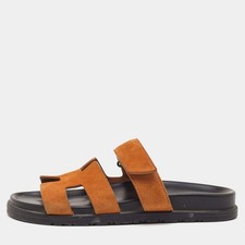 Hermes Chypre Size 37.5 Brown Suede Slide Sandals
