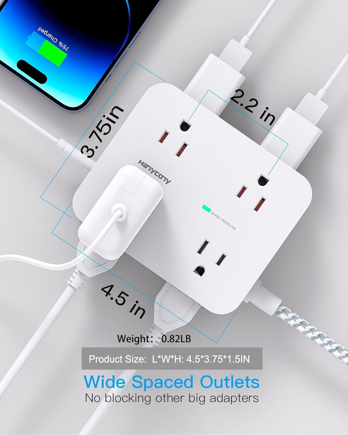 Surge Protector Power Strip - HANYCONY 8 Outlets 4 USB (2 USB C) Charging Ports