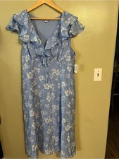 Old Navy Light Blue Floral Ruffle Women’s  Midi Sun Dress Baby Doll XL NWT