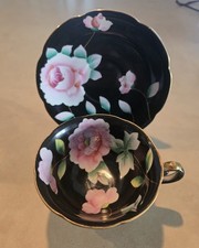 Occupied Japan Black Pink Floral Fine Bone China Teacup & Saucer