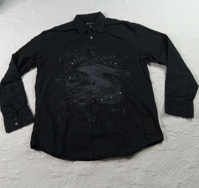 I.N.C. Shirt Mens L Black U.S. Nat'l Guard Motto Eagle Patches Grunge Gothic Vtg