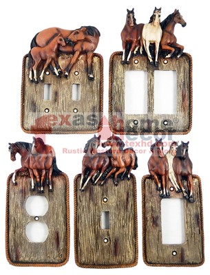 Western Running Horses Light Switch Plate Covers Faux Wood Look Rope ...