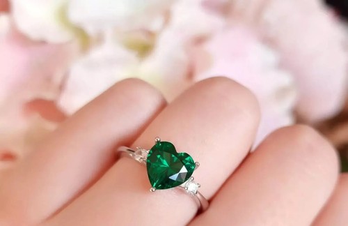 Corazón Esmeralda Verde Gemas Anillo 10K Oro Blanco Macizo Joyería Para Handmade