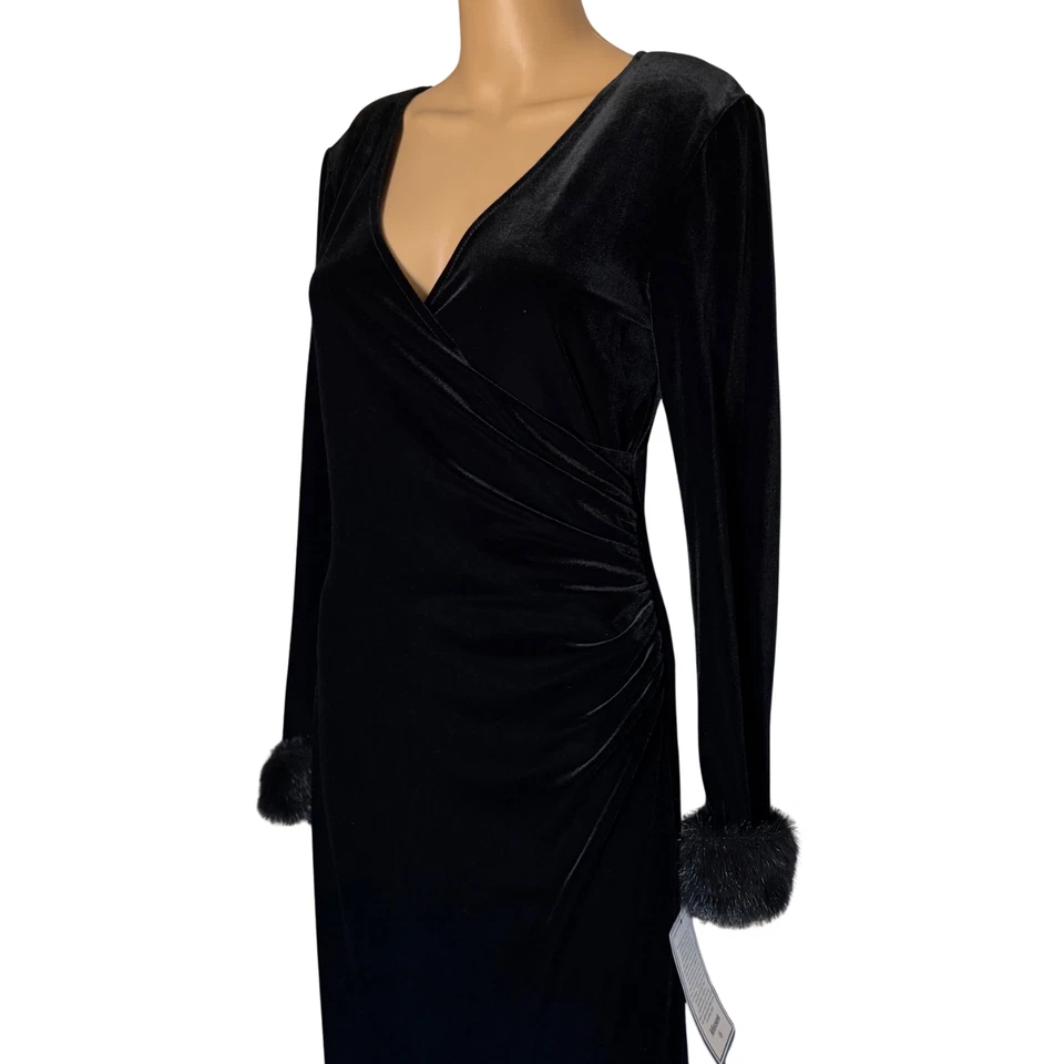 Evening Chic Long Dress Womens Velvet Faux Fur Cuffs Size 6 Black USA Fairy Goth - Image 3 of 4