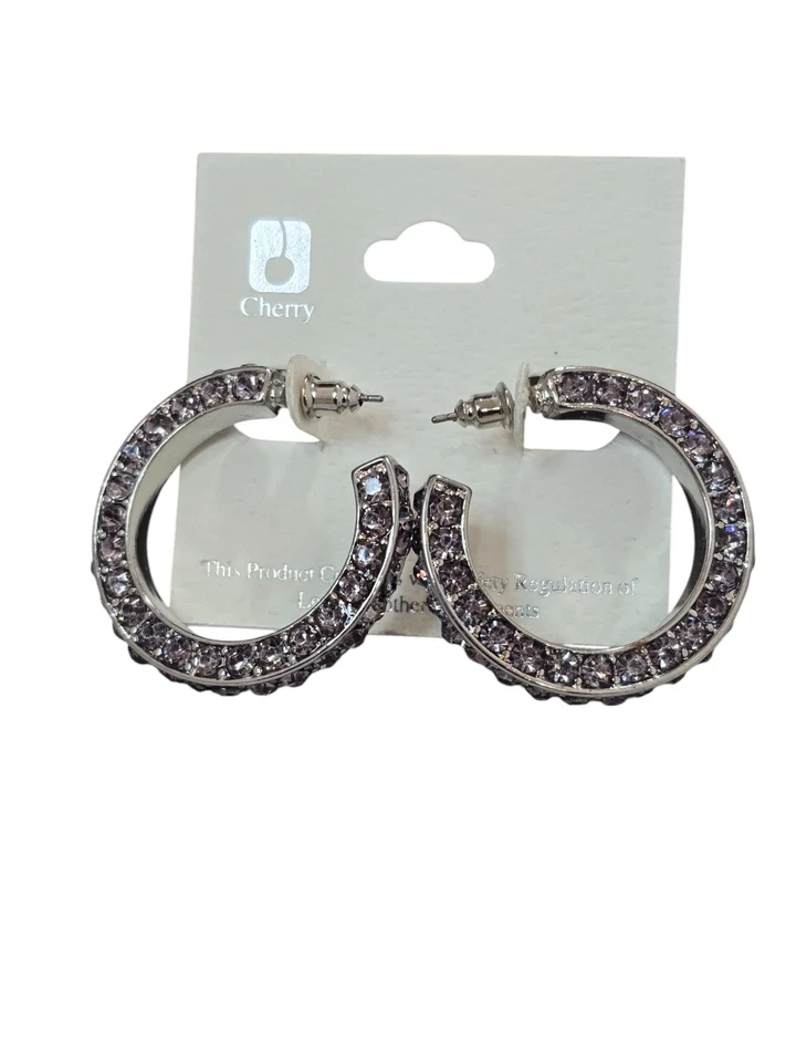 Cherry Trendy女式银色格子灰色水晶穿孔环状耳环全新带标签 — 第 2/3 张图片