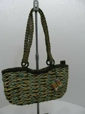 Sun 'N' Sand Woven Brown,Tan & Blue Straw Handbag 15  x 8 x 4 - NEW