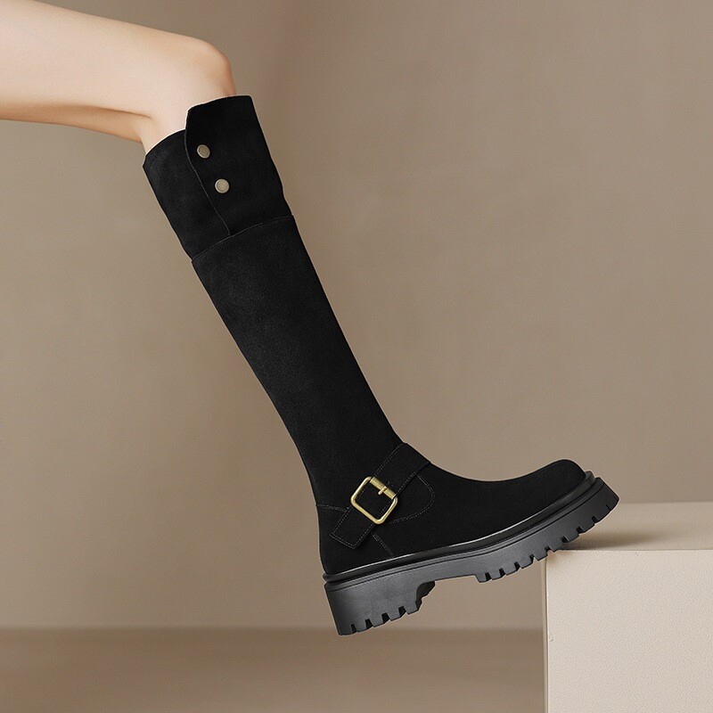 SAOLA Stivali donna al ginocchio lunghi scamosciati pelle suola spessa stivali cavaliere scarpe tacco basso