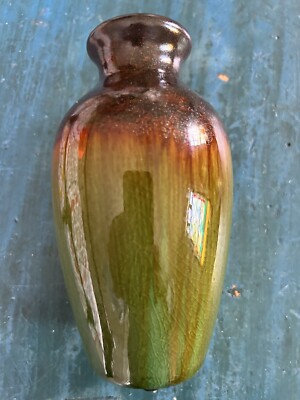 Green Brown Art Pottery Drip Glazed Vase 