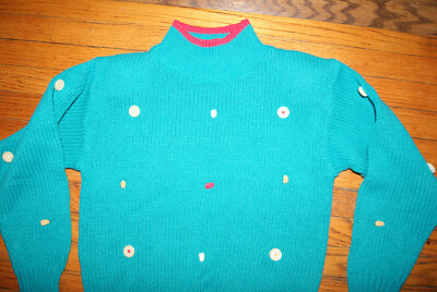Vintage 80s 90s Turquoise Polka Dot Sweater Womens M Adrian Spencer Mock Neck