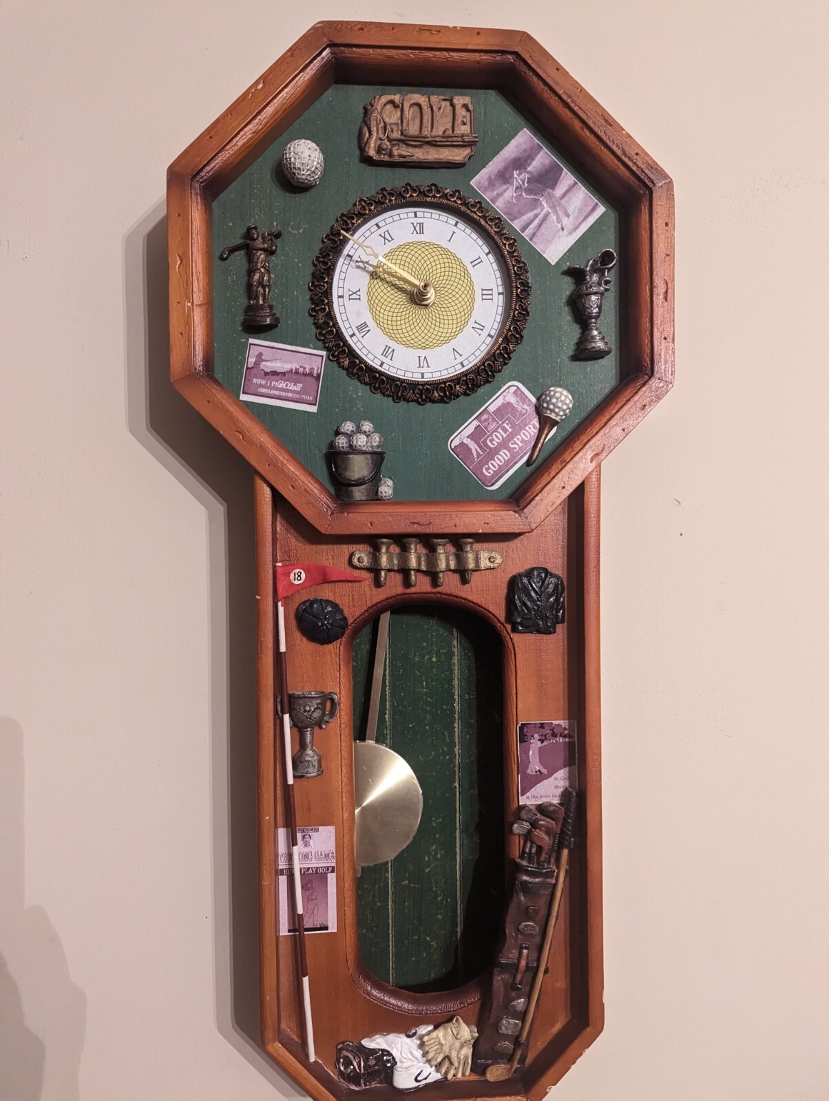 VINTAGE GOLF PENDULUM WALL CLOCK DECOR 21 . 5 "x 10 " EXCELLENT WORKING CONGRATULATIO photo VINTAGE GOLF PENDULUM WALL CLOCK DECOR 21 . 5 "x 10 " EXCELLENT WORKING CONGRATULATIO photo