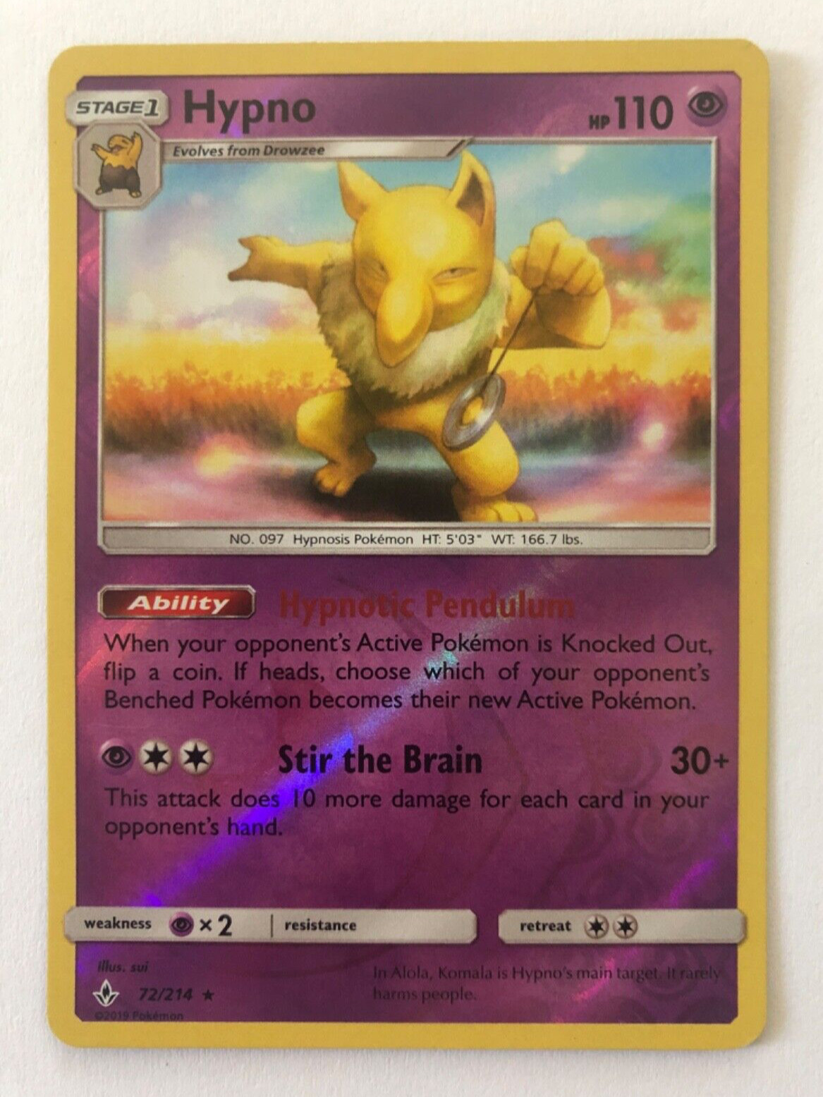 2019 Pokemon TCG - Hypno - Unbroken Bonds - Reverse Holo 72/214 NM