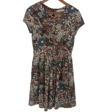 Peruvian Connection Womens Shift Dress Small Floral Pleated Pockets Stretch Boho