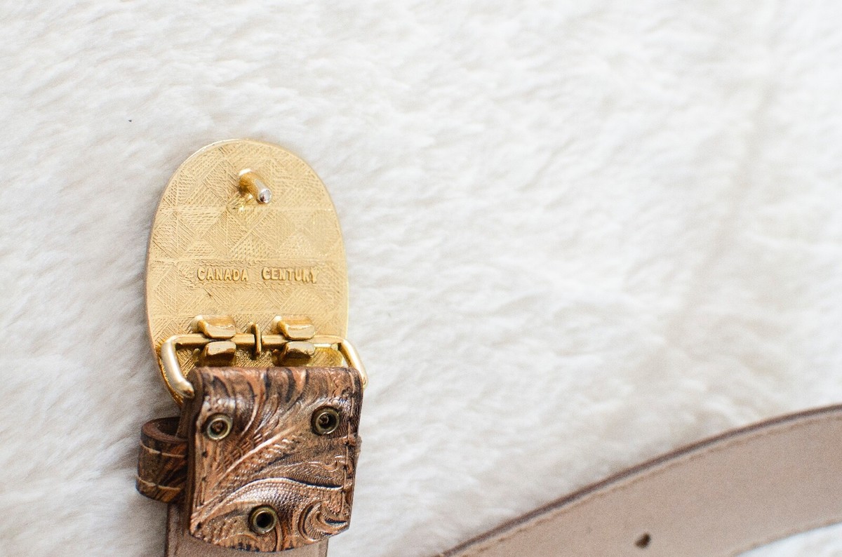 Vintage Century Canada Gold Floral Buckle Leather Belt Century Canada Floral Gold Buckle and Embossed Belt Cowgirl  main image 2