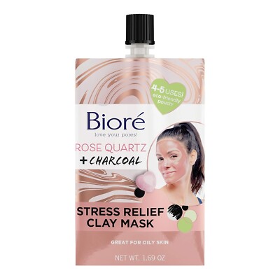 Biore Rose Quartz + Charcoal Stress Relief Clay Mask 1.69 OZ, 2 Pack