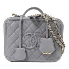 CHANEL GHW CC Filigree Vanity Case Medium Shoulder Bag Calfskin Leather Grey