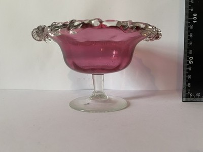 Rare Antique Vintage Victorian Cranberry Glass Tazza Compote Dish Swirl Art Deco