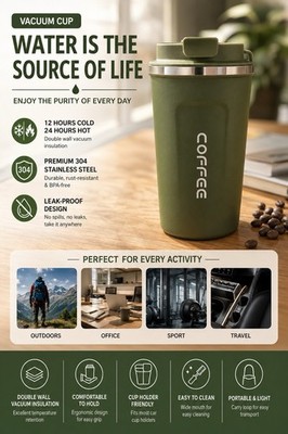 Edelstahl Thermobecher Coffee To Go Isolierbecher Trinkbecher Grün BPA Frei