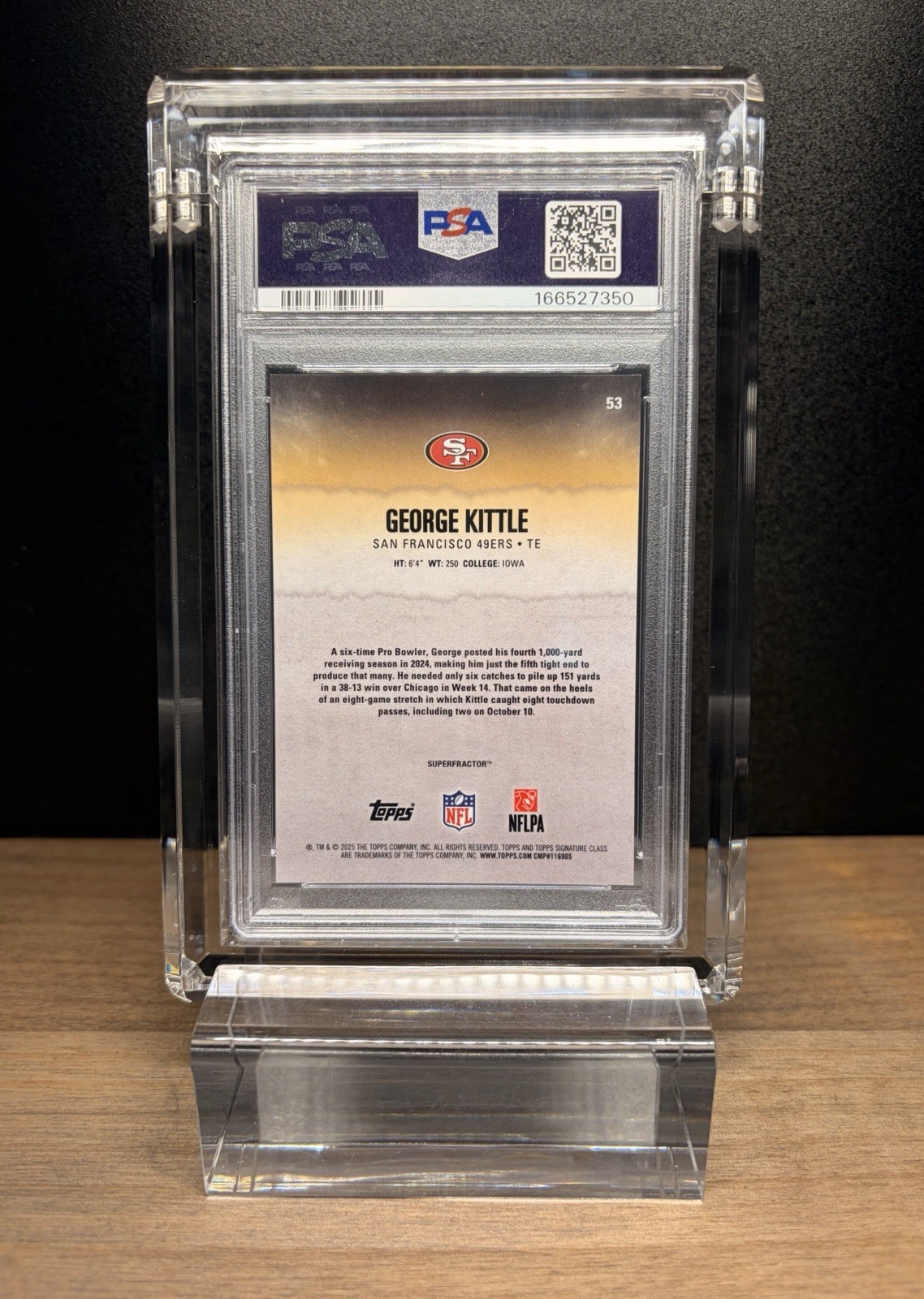 SUPERFRACTOR 1/1 George Kittle 2025 Topps Signature Class #53 Chrome PSA 9 view 2