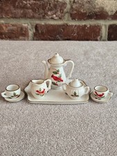Vintage Miniature China Porcelain Tea Set Christmas Red Cardinal Holiday 10 Pc
