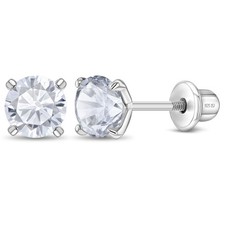 925 Sterling Silver 4mm Prong Set CZ Solitaire Screw Back Earrings for Girls