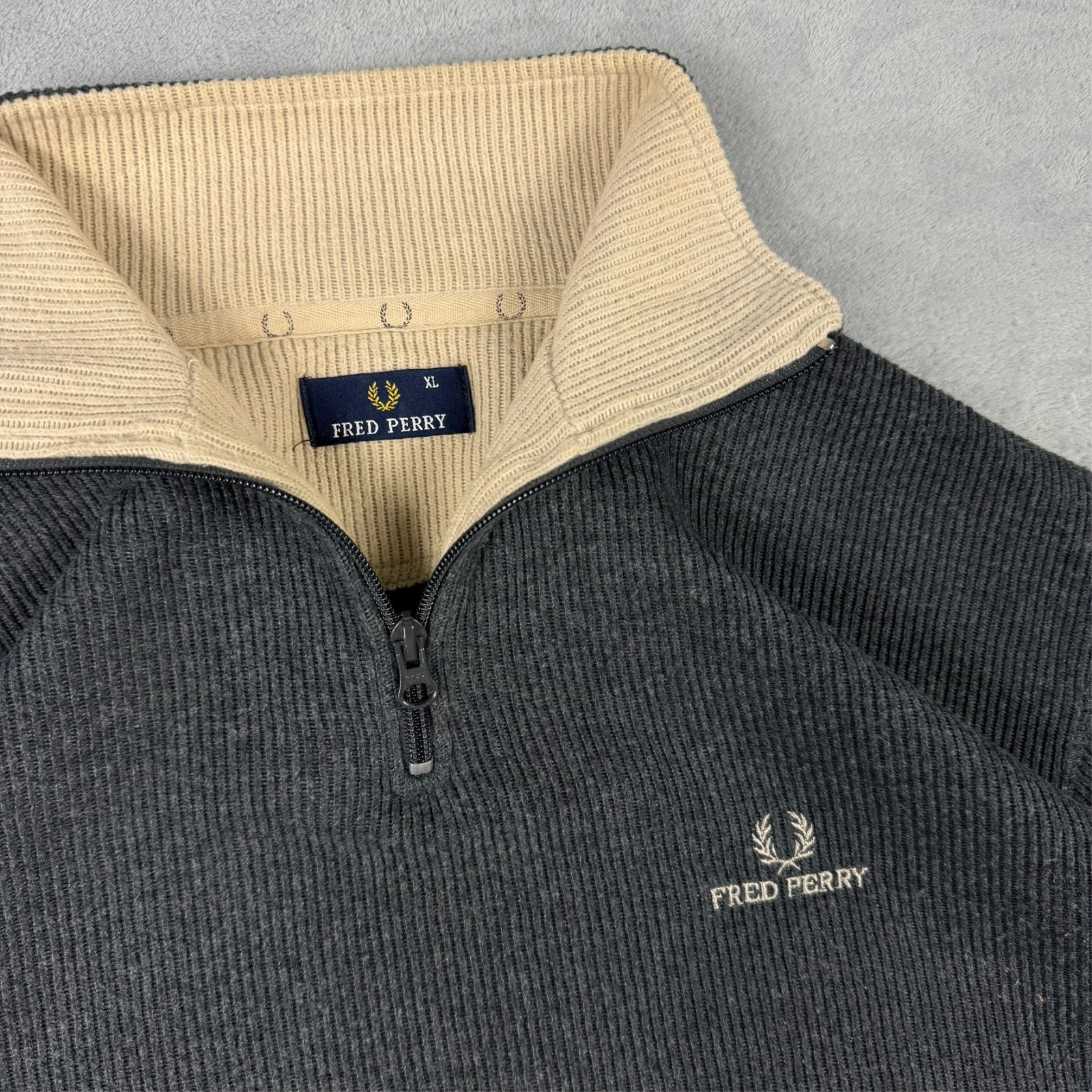 Vintage Fred Perry 2000's Y2K Grey Quarter 1/4 Zip Knit Oversized XL Jumper image 4