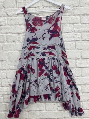 free people voile and lace trapeze dress Free People Voile & Lace Trapeze Slip Dress Gray Red Floral Boho Size Small