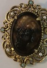 Authentic Ornate Vintage Lisner Signed Rootbeer Mourning Lady Face Cameo Brooch — photo 3