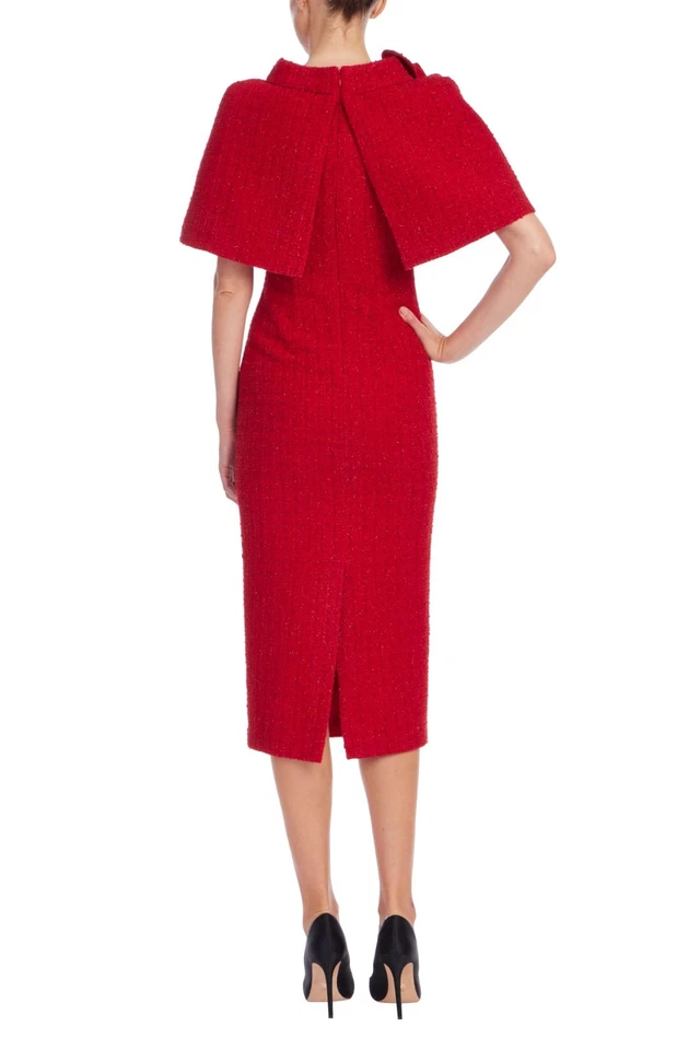 Vestido Vaina Badgley Mischka Rojo Tweed Roseta Capelet $495 Pasarela Muestra Modesto Foto 3 de 3