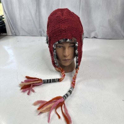 Turtle Fur Hand Made Nepal WOOL Ski Red & Gray Knit Ear Flap Hat