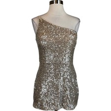 XSCAPE Women's Cocktail Dress Size 10P Gold Sequined One Shoulder Mini Sheath