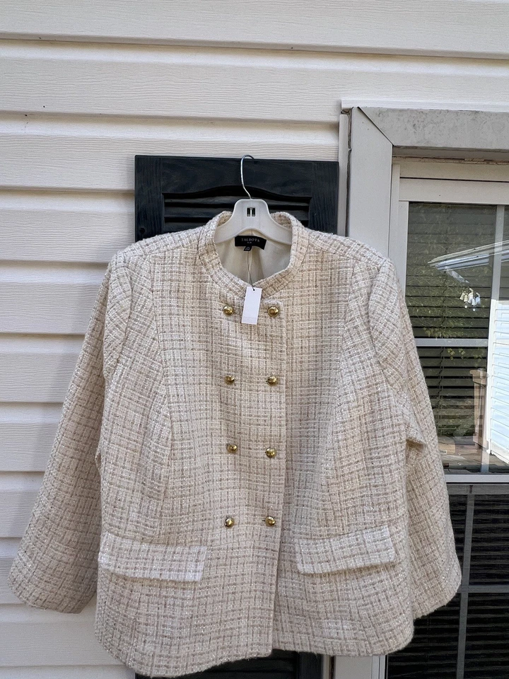 Nuevo con etiquetas Blazer Talbots Precioso Crema Tostado Dorado Tejido a Cuadros Doble Pecho Forrado 20W Foto 2 de 4