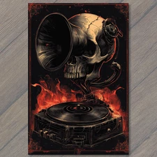 Art Print Skull Record Player Flames Red Black Grunge Phonograph Fire Music Vibe