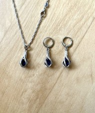 925 Silber Sterling Halskette und 2 Ohrringen Schmuckset Tropfen Blau