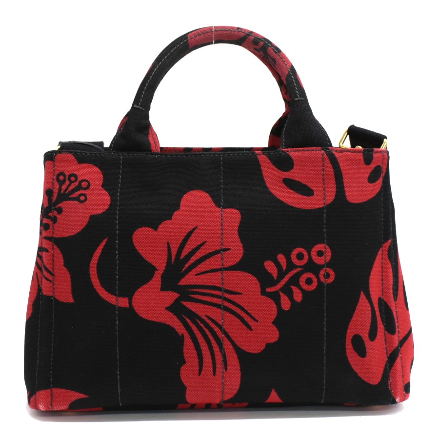 Prada Hibiscus Pattern Canapa Mini 2way Tote Bag B2439B Canvas Black Red PRADA f thumbnail 3