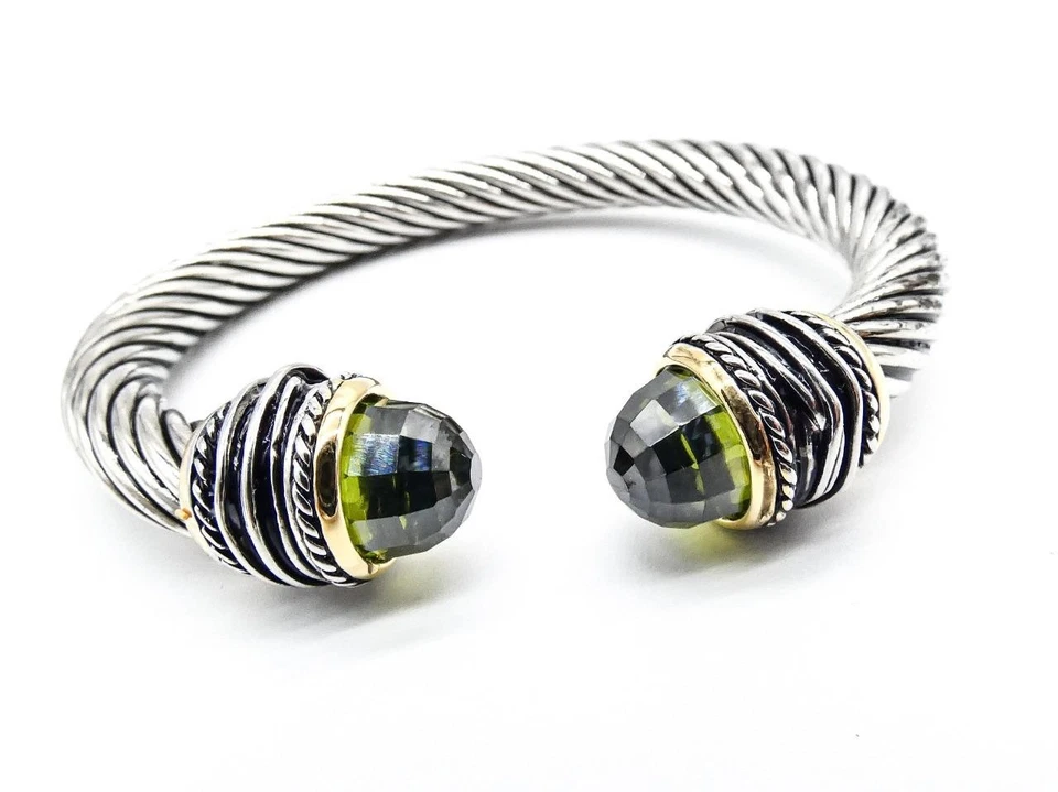 Brazalete grueso chapado en oro de 18kt cristal peridoto verde oliva cable torcido Foto 3 de 4