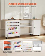 VEVOR Folding Sewing Table with Cabinet, Charging Station & Storage