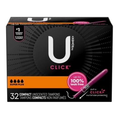 NEW U by Kotex Click Compact Tampons, Super Plus, Unscented, 32 Count Leak Free