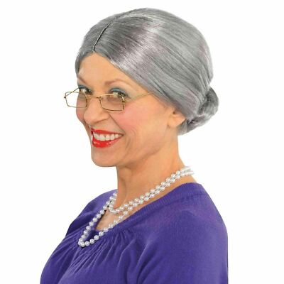 Old Lady Grey Wig With Bun Granny Psycho Halloween Fancy Dress Costume |  eBay