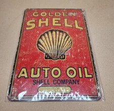 Tin Sign 8x12 Golden Shell Auto Oil Shell Company Red Yellow Vintage Style 
