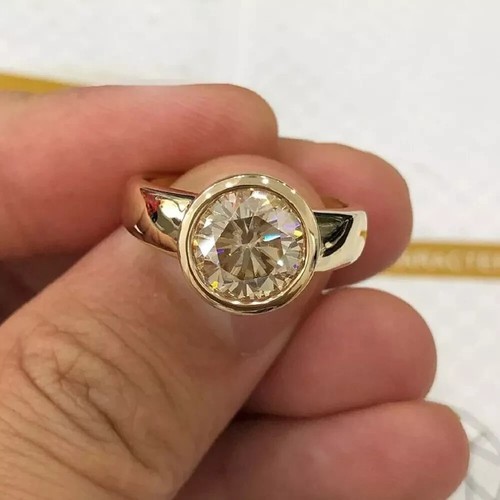 1CT Round Cut Moissanite Bezel Solitaire Engagement Ring 14k Yellow Gold Finish - Picture 2 of 5