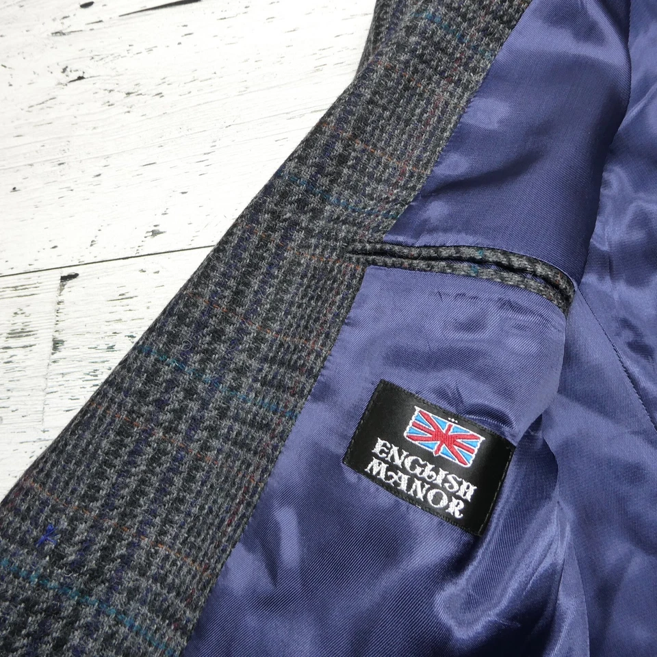 Blazer Traje Chaqueta Vintage Inglés Manor Lana Tweed Talla 43L Azul Gris Cuadros Foto 3 de 4