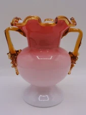 Antique Cased Bohemian Cranberry Pink & Amber Art Glass Vase Applied Handles