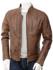 New Men Biker Motorcycle Genuine Lambskin Brown Bomber Leather Jacket XS-2XL FB7