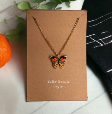 Orange Butterfly Pendant Necklace   Minimalist Charm Gift for Mom, Friend, Her
